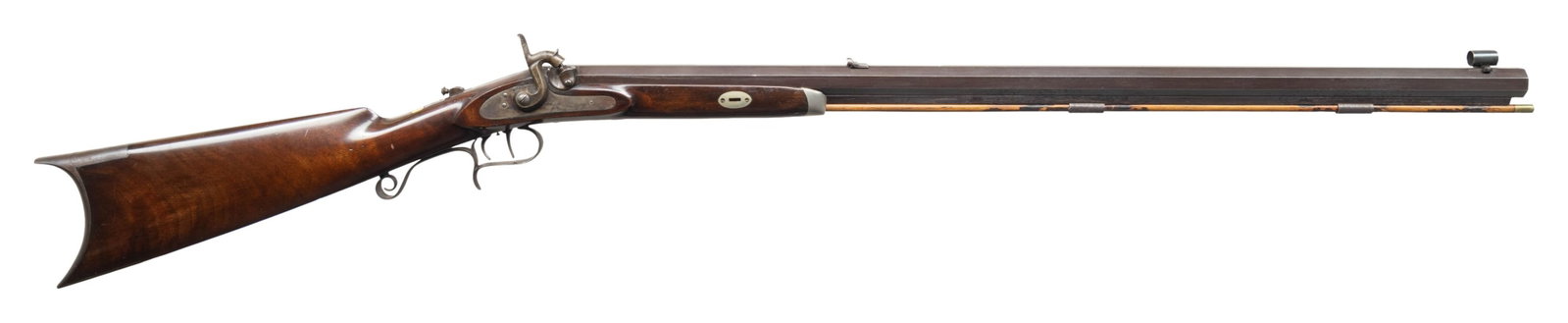 VERY FINE JEAN BAPTIST REVOL, NEW ORLEANS HALF: STOCK PERCUSSION RIFLE. Cal. 32 NSN. Jean-Baptiste Revol (1799?1886) high quality New Orleans gunsmith made some of the finest arms of the antebellum South. This is a deluxe high conditioned survivor,