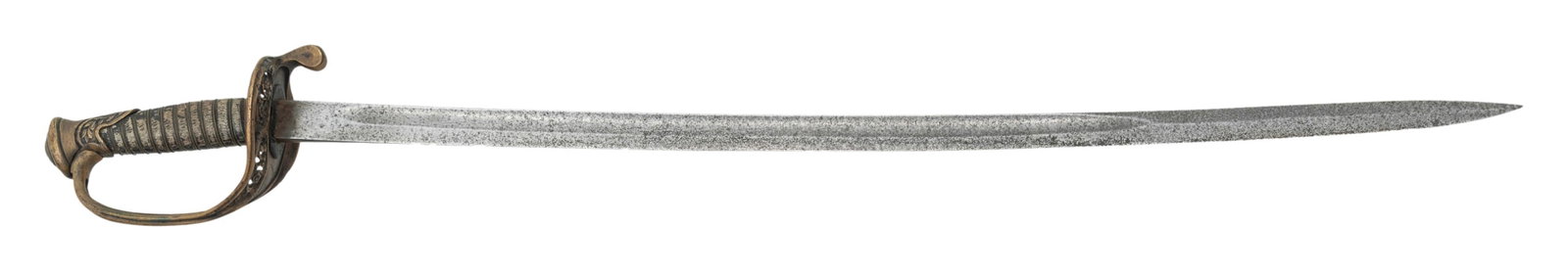 BOYLE & GAMBLE, RICHMOND, VIRGINIA CONFEDERATE: FOOT OFFICER'S SWORD. 30" unstopped fuller blade, Confederate copy of US 1850 with pierced floral design, undecorated smooth sided quillon unique to most Confederate swords. Pommel has distinct Boyle 