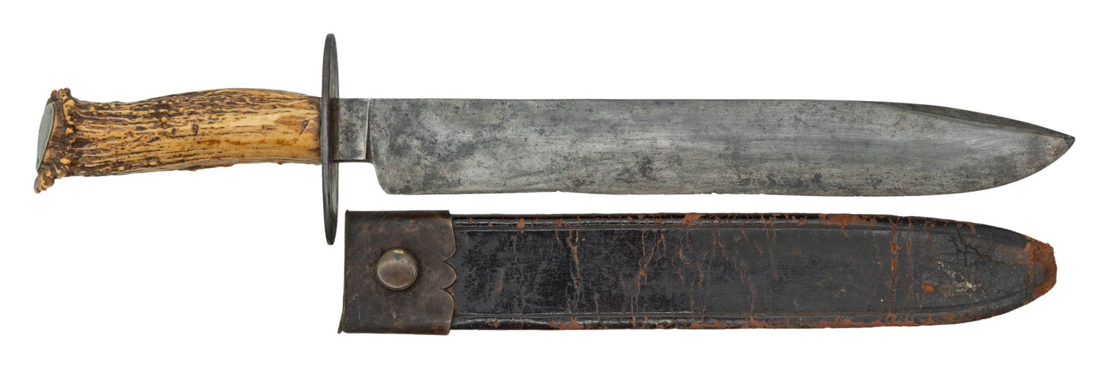 MASSIVE ANTEBELLUM FREDERICK HASSAM BOSTON MADE: BOWIE KNIFE. This knife is pictured on page 234, "Accoutrements IV" by James Johnston. 20" overall, 14" meaty .3" thick clip point blade agent marked "M.L. BRADFORD & CO. BOSTON", Bradford had high en