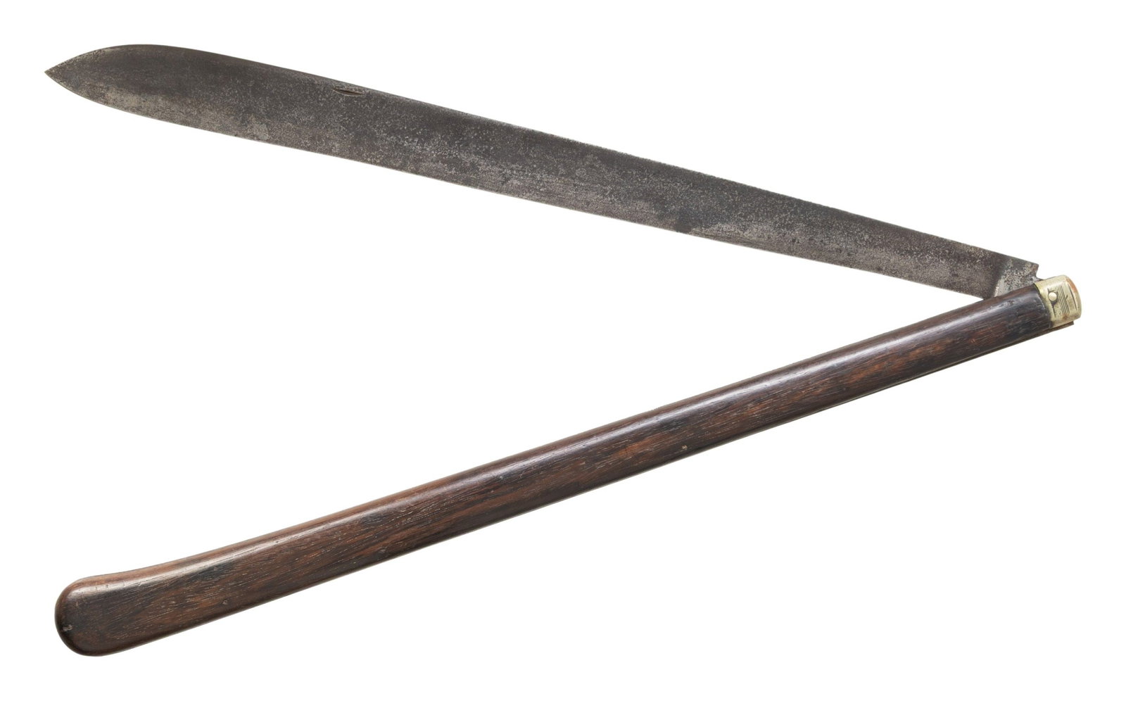 MASSIVE RARE EARLY "ROCKINGHAM WORKS" GEORGE: WOSTENHOLM EXHIBITION FOLDING KNIFE. Unique 2 foot long blade marked "GEORGE WOSTENHOLM / CELEBRATED / ROCKINGHAM WORKS". This is Westerholm's earliest address. Over 4 feet opened, pinned wood slabs,