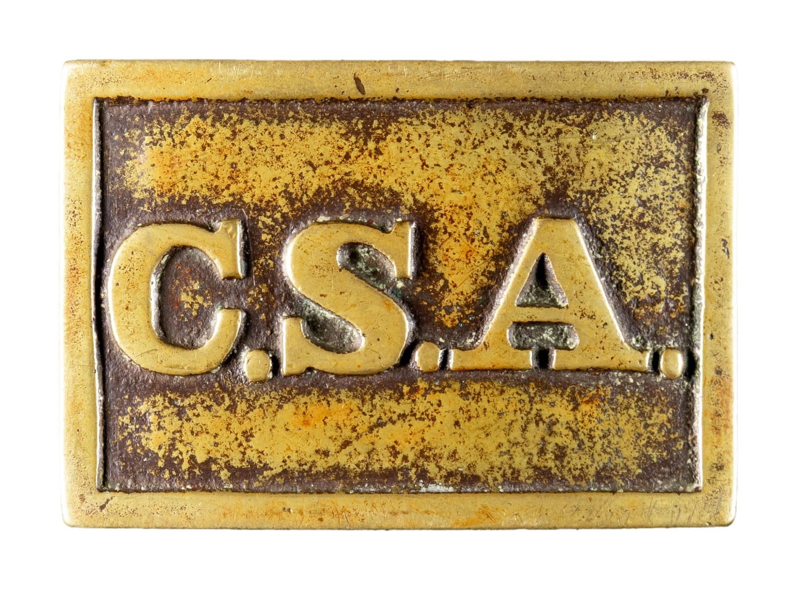 CIVIL WAR CONFEDERATE "C.S.A." WAIST BELT PLATE.: A good classic example of a Civil War Confederate rectangular waist belt plate with a "C.S.A." motif on the front. This Atlanta style plate has the traditional 3 hooks on the reverse and measures appr