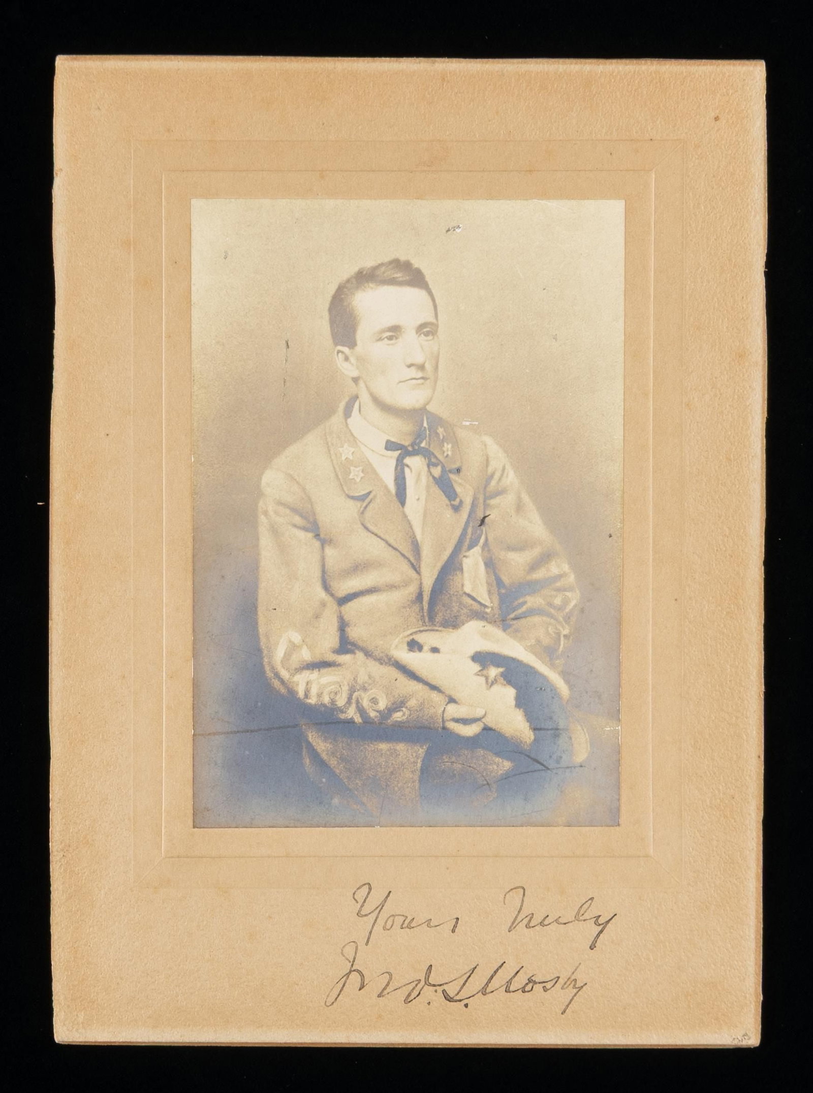 GREAT SIGNED JOHN S MOSBY PHOTOGRAPH.: Large format cabinet card photo of Mosby in uniform, large bold signature "Yours Truly / Jno. Mosby". Back of photo board has inscription in Mosby's hand "copy of a photograph taken in Richmond in