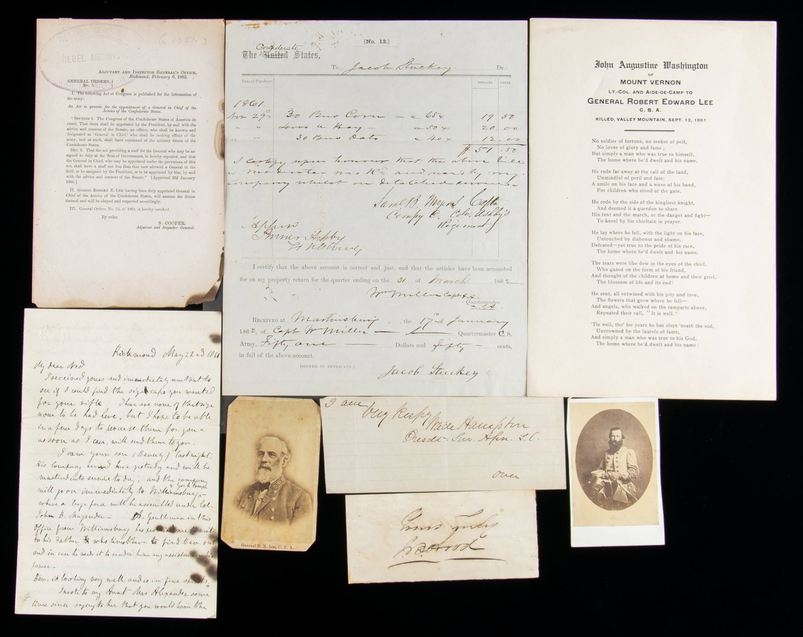 GOOD CONFEDERATE AUTOGRAPH & PHOTO GROUP.: 1) Colonel Turner Ashby, signed requisition, also signed "Capt. Samuel B Myers, Co. "C" Coln. Ashby's Regiment"2) Rare Lt. Col. John A. Washington 4page ALS, May 22, 1861, John Augustine Washington