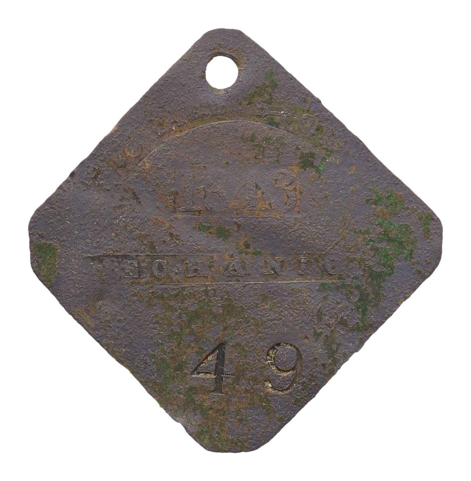 SLAVE HIRE TAG, CHARLESTON,MECHANIC, 1843. (1 of 2)