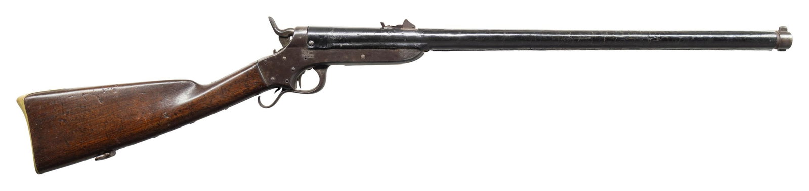 SHARPS & HANKINS 1862 NAVY CARBINE.: Cal. 54. S# 6391. A total of approx 8000 Navy type carbines were produced from 1862-65 within the 1000-12000 serial number range. It is fitted with a 24" bbl with leather covering, iron block front