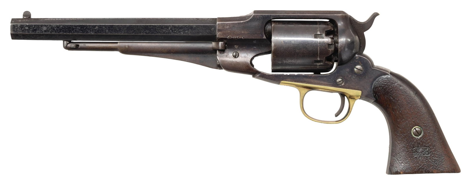 VERY CLEAN REMINGTON NEW MODEL ARMY U. S.: INSPECTED REVOLVER. Cal. 44. S# 47093. Bbl octagon 8" with blade front sight. Sept. 14, 1858 dated 3 line New York bbl. address. Semi-circular blade front sight. Round 6 shot cylinder with safety notc