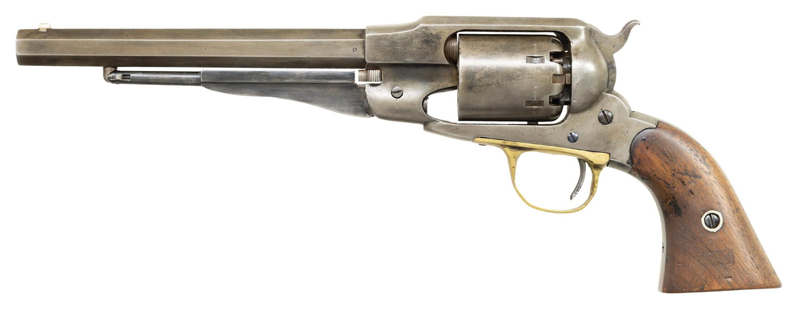 MARTIALLY MARKED REMINGTON NEW MODEL ARMY: PERCUSSION REVOLVER. Cal. 44 S# 36402. Approx 106,000 of these martially marked Remington revolvers were mfg from 1863-75. They were heavily used during the US Civil War and Indian Wars. It is fitted