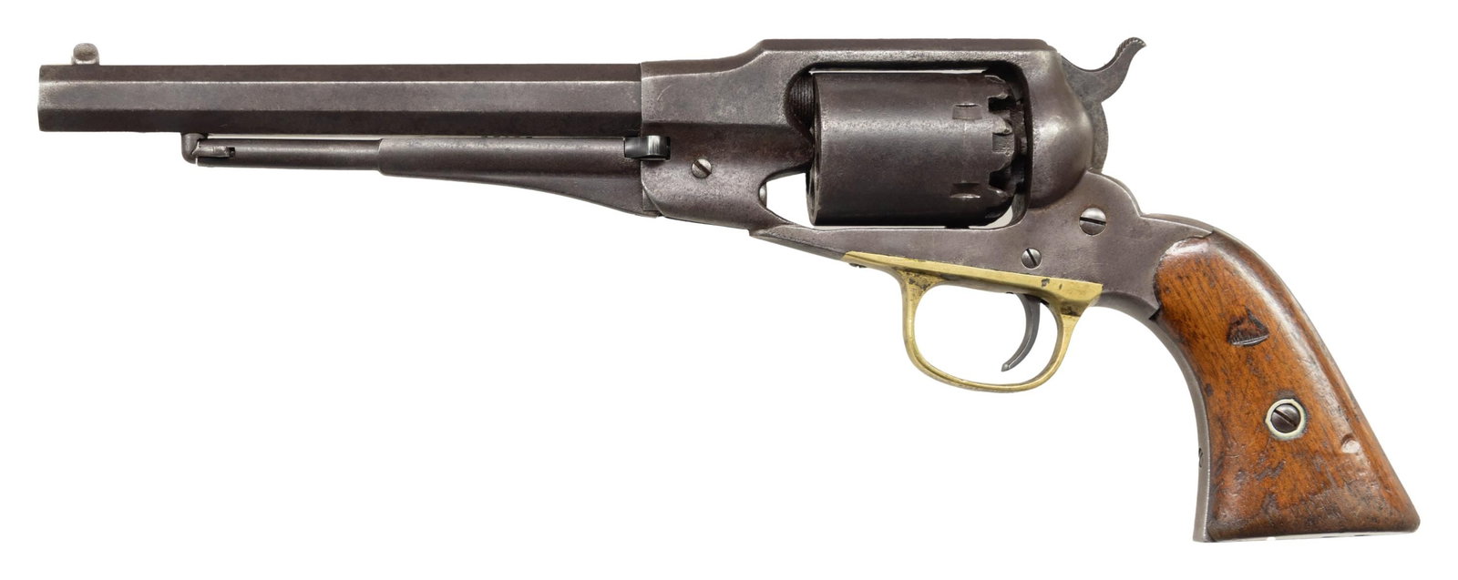 REMINGTON NEW MODEL NAVY REVOLVER.: Cal. 36. S# 28166. Bbl. 7 1/2" octagon bbl. has exposed threads. Screw type front sight. Round 6-shot cylinder has safety stops between nipples. Blue finish with brass trigger guard. Walnut 2-piece