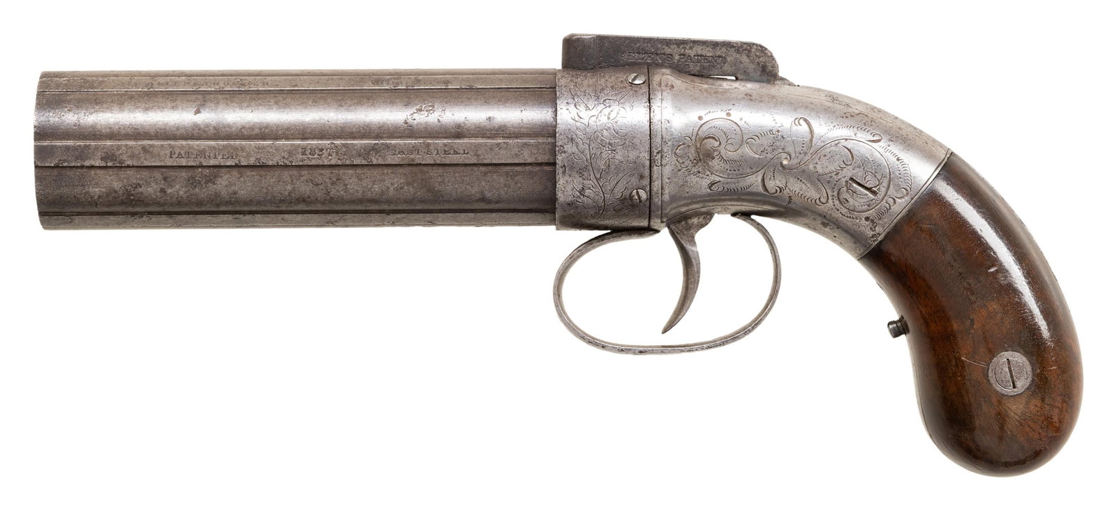 ALLEN & THURBER "BABY DRAGOON" PEPPERBOX PISTOL.: Cal. 34. S# 180. 8.5"overall, 4.5" 6-barrel cluster, "ALLEN & THURBER WORCESTER" & "PATENTED 1837 CAST STEEL" stamped on two adjacent barrel ribs, "ALLEN'S PATENT" stamped on left side of bar hammer, 