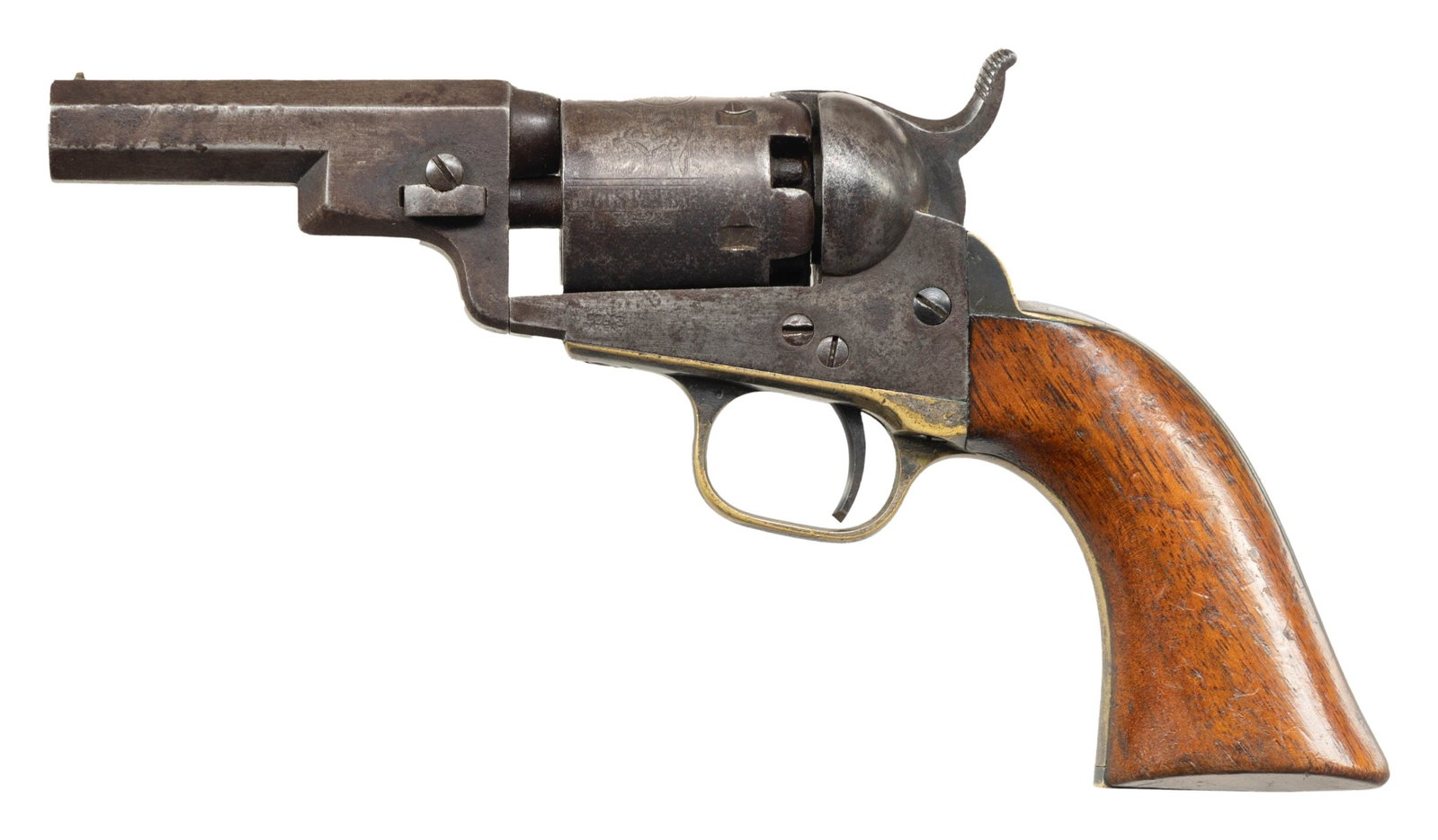 MANHATTAN "NAVY TYPE" REVOLVER.: Cal. 36. S# 40747. Bbl 4" octagon with German silver semi-circular front sight. Five shot round cylinder with 5 oval panels having military or naval themed roll engraving. Blue & case colored finish w