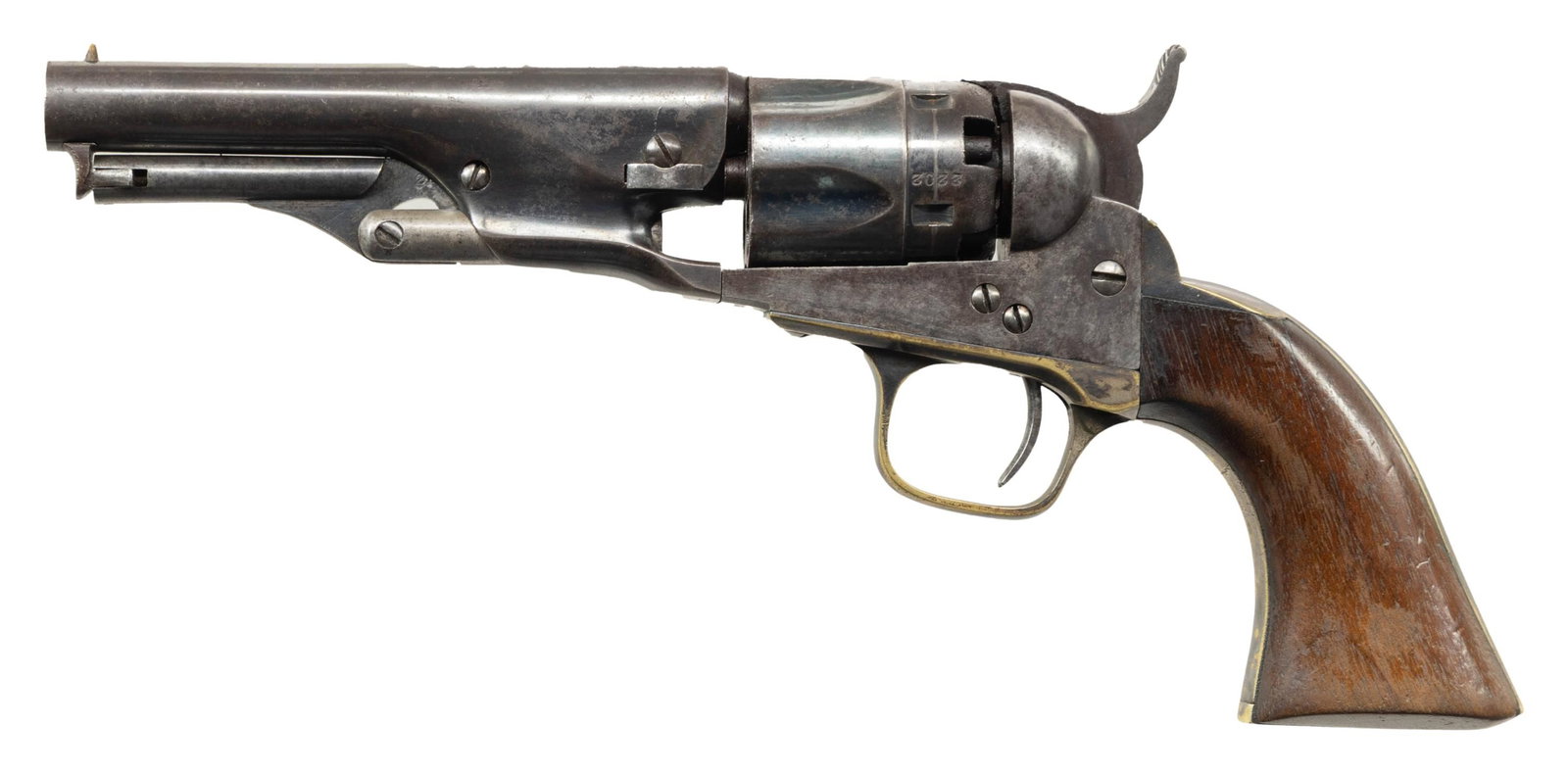UNMARKED METROPOLITAN ARMS CO. POLICE MODEL: REVOLVER. Cal. 36. S# 2221. Bbl 4 1/2" round with bead front sight. Fluted and rebated 5-shot cylinder. Blue & case colored finish with silver finished grip straps. Walnut 1-piece grip. Revolver