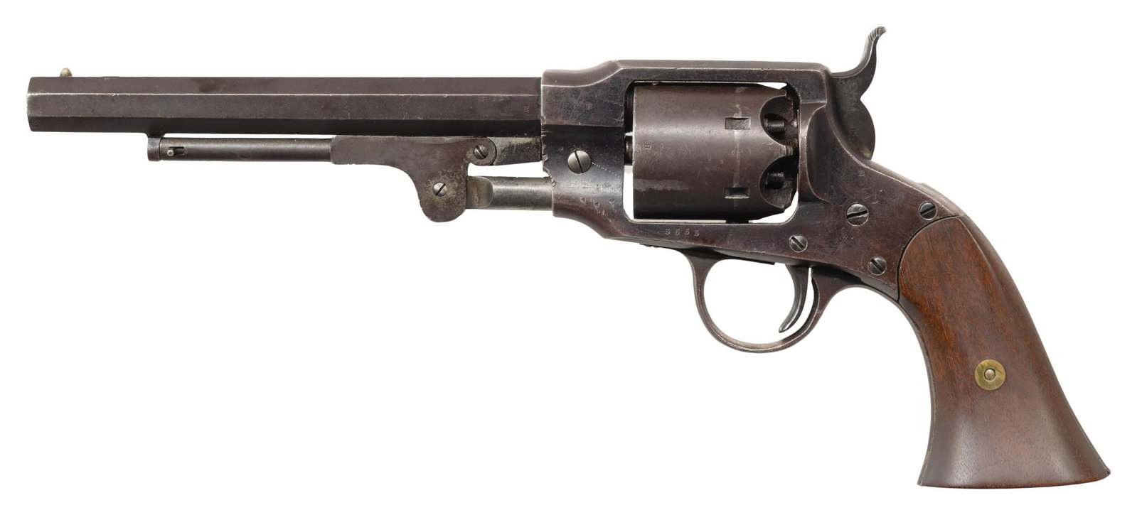 ROGERS & SPENCER ARMY MODEL U. S. INSPECTED: REVOLVER. Cal. 44. S# 3553. Bbl 7 1/2" octagon with cone style front sight. Top strap is marked "ROGERS & SPENCER / UTICA NY". Round 6 shot cylinder. Solid frame single action with hinged type