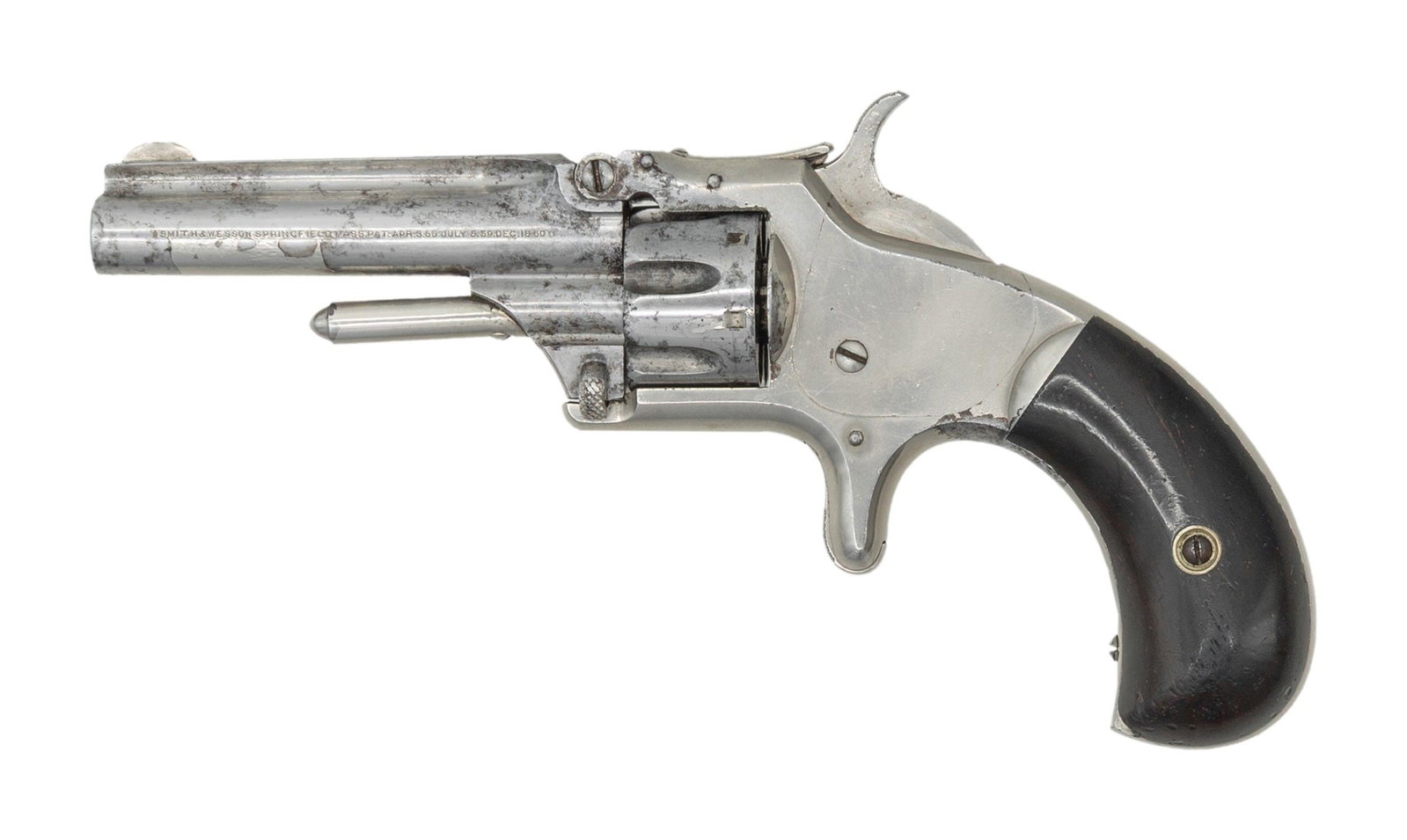 SMITH & WESSON 3RD ISSUE NO. 1 SA REVOLVER.: Cal. 22 S. S# 77345. Bbl. 2 3/4". Round blade front sight. 3rd issue No. 1 revolver with desirable 2 3/4" bbl. & last patent date of 1860. Nickel finish. Hardwood grips. CONDITION: grips have older ad