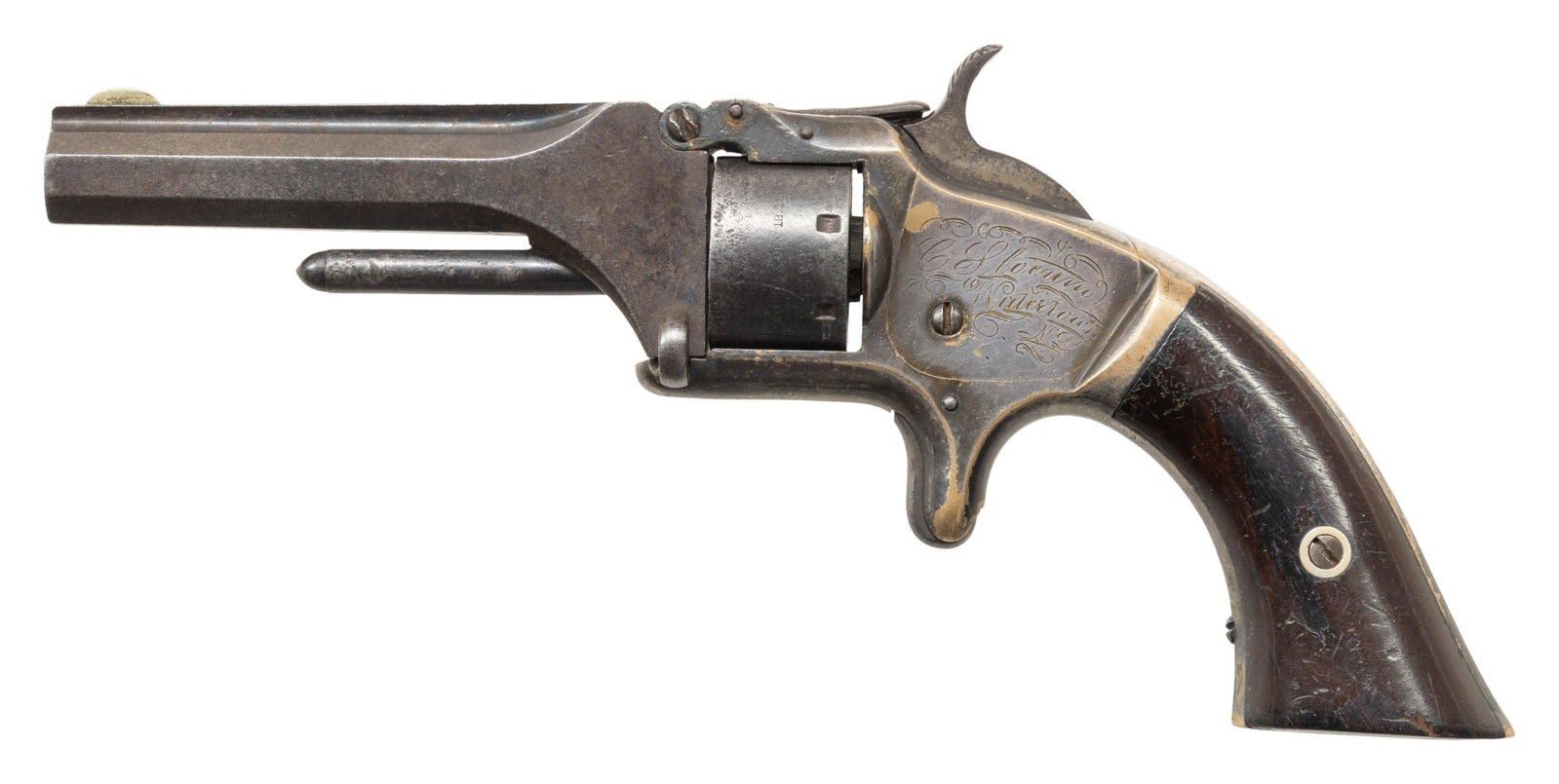 INSCRIBED SMITH & WESSON NO. 1 2ND ISSUE REVOLVER: TO C. SLOCUM, WATERTOWN, NY. Cal. 22 Short. This revolver was originally shipped from S&W Stockbridge St. factory on June 5, 1861 to J.W. Storrs Co., New York City, NY amongst 140 units. Storrs was
