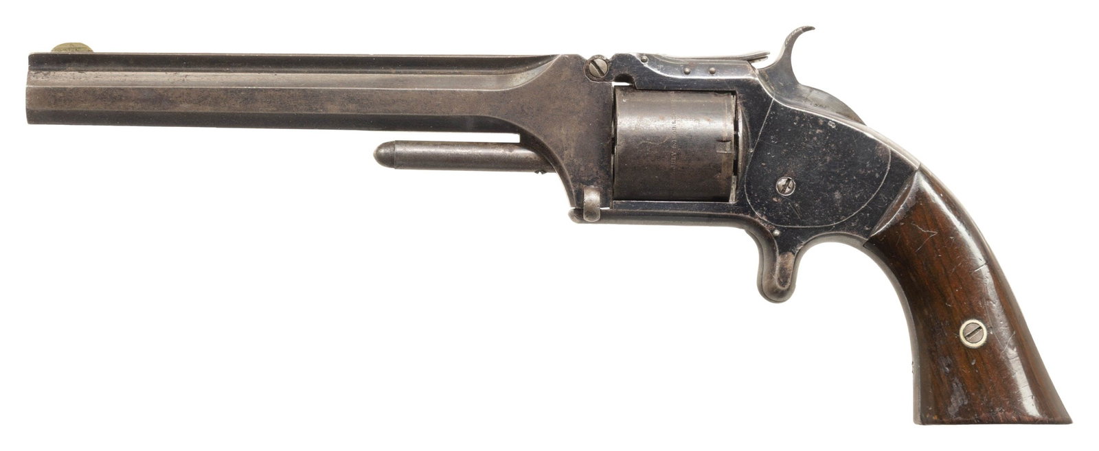 CIVIL WAR SMITH & WESSON NO. 2 ARMY REVOLVER.: Cal. 32. S# 26267. This revolver is standard mid 1864 manufactured S&W No. 2 army revolver, 6" barrel, varnished rosewood grips, initials scratched in butt. CONDITION: very good to, all matching inclu