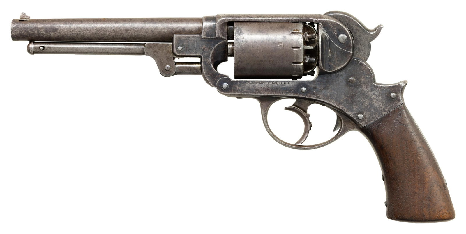 STARR ARMS CO. 1858 DOUBLE ACTION NAVY REVOLVER.: Cal. 36. S# 2536. Bbl 6" round. Round six-shot cylinder has nipples protruding from the rear. Blue finish with case colored hammer & loading lever. One piece walnut grips. Approximately 3,000 MFG.