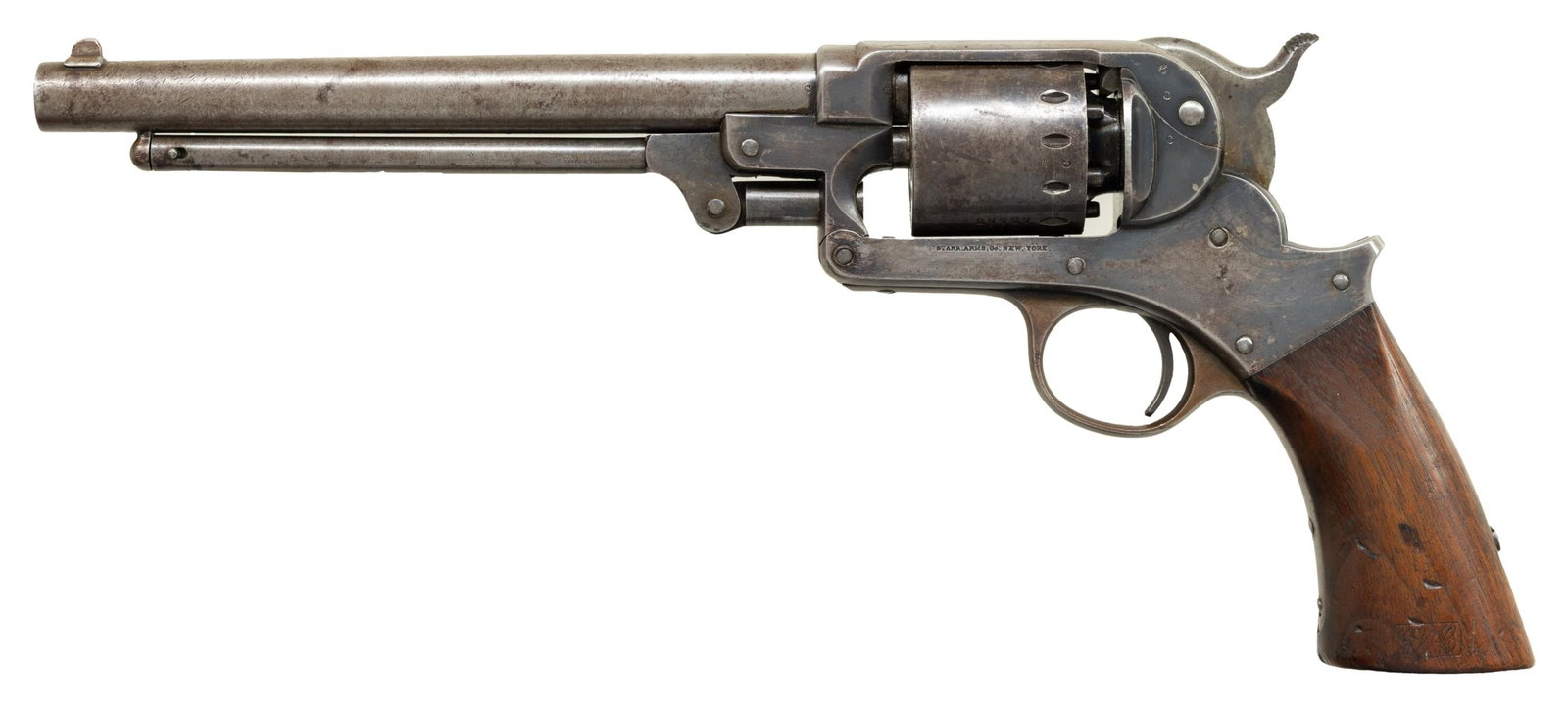 STARR ARMS CO. U. S. INSPECTED 1858 SINGLE ACTION: REVOLVER. Cal. 44. S# 27727. Bbl 8" round with semi-circular front sight. Round six shot cylinder. Blued finish with case colored hammer and loading lever. Major parts have "C" or "D" inspector's init
