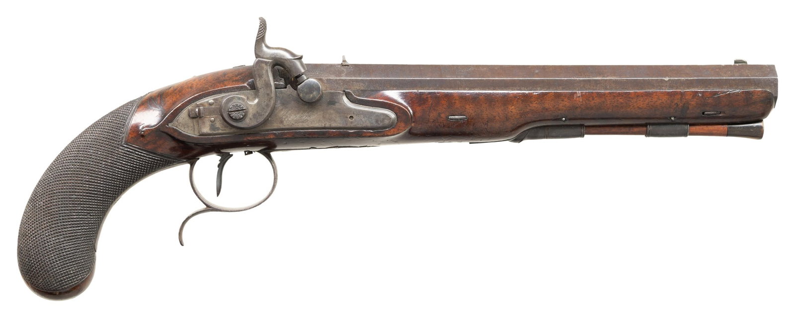 FINE & RARE AMERICAN PHILADELPHIA DUELING PISTOL.: Cal. 65. NSN. 16" overall, 10" octagonal barrel with gold inset band & poincon plaque "BOOTH PHILADELPHIA", "BOOTH" engraved in script on rebated lock with sliding safety. Engraved steel furniture, fi