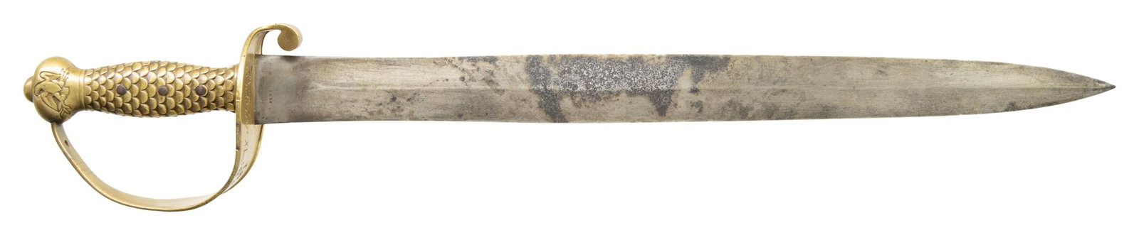 1845 DATED AMES USN M1841 NAVAL CUTLASS.: Overall length: 26.75". Dbl. edged 21" blade. Ricassos stamped "U.S.N 1845 R" & "N P AMES SPRINGFIELD". Solid brass hilt with an eagle-decorated pommel. Three iron rivets secure the hilt to the tang. 