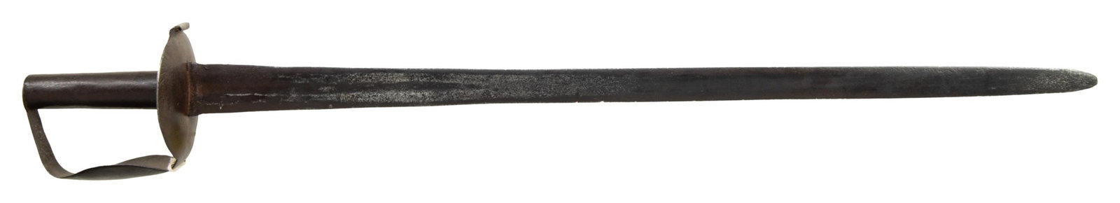 REVOLUTIONARY WAR COLONIAL AMERICAN NAVAL CUTLASS.: A fine example of a Revolutionary War era 27" double edged blade measuring 1 1/2" at the base. The hilt is a figure 8 guard with curled lip quillon, iron grip, & flattened cap pommel. The grip and cou