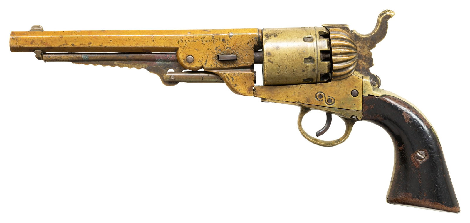 UNIQUE MEXICAN MADE 8-SHOT DRAGOON REVOLVER.: Massive revolver made with heavy brass barrel, frame, & hammer. Screws, cylinder pin, trigger, internal components, and wedge are iron. The only markings are on engraved on 8.25" octagonal barrel "Equ