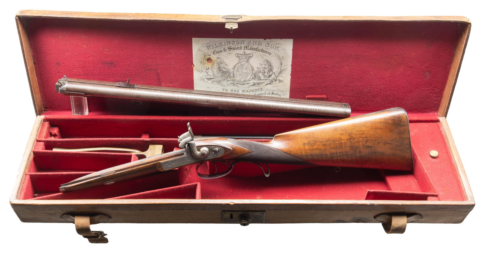CASED LONDON MADE WILKINSON & SON PERCUSSION: SXS DOUBLE RIFLE. Cal. .577. Wilkinson & Son began it's company history with famous gunmaker Henry Nock. James Wilkinson was his foreman and took over operations after his Nock's death in 1804. Henry 
