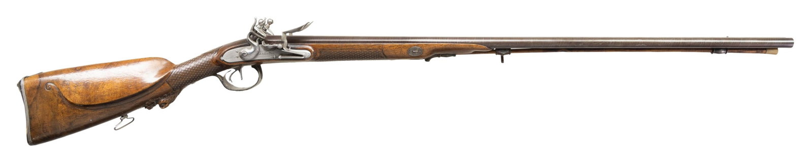 FINE LEIGE MADE J. BEHEUSEUX FLINTLOCK SXS SHOTGUN: . Cal. 18 bore. Fit with 31 1/2" unmarked damascus bbls with a steel bead mounted in the concave rib 3 5/8" from the muzzle. The bbls have an attractive vibrant ribbon pattern damascus with screw in l