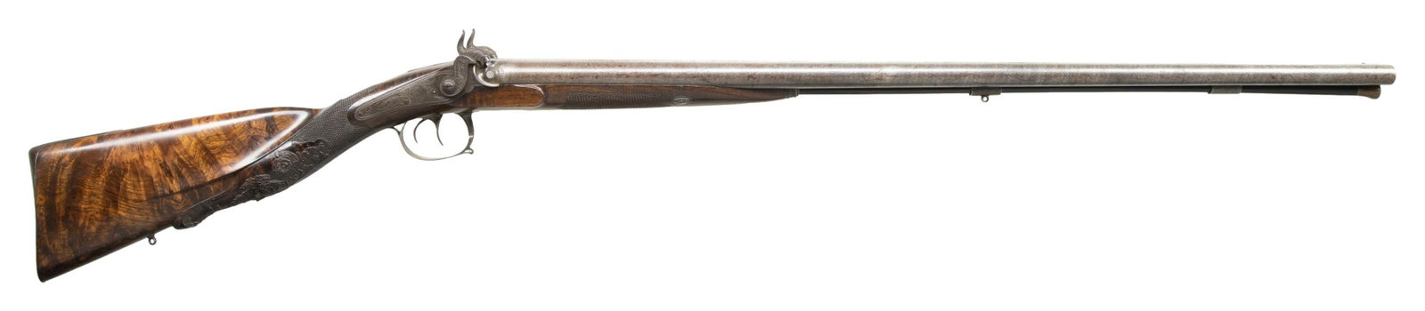 PARIS MADE DEBOUBERT PERCUSSION SXS SHOTGUN.: Cal. 16ga. Deboubert was an early Parisian gunmaker that held one of the very first French patents for a percussion cap system. He went on to apprentice the famous gunmaker Louis-Francois Devisme who 