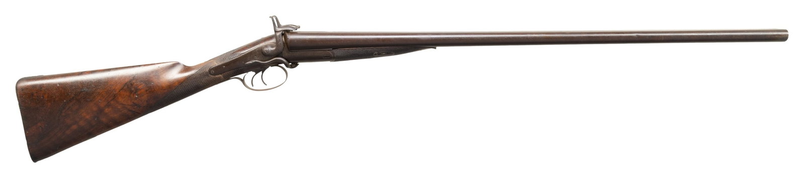 ENGLISH W. WELLINGTON OF LONDON SIDELEVER SXS: PINFIRE SHOTGUN. Cal. 12 Bore, 2 1/2". NSN (Barrels numbered 7842). Laminated steel 30" barrels with front bead. Bore chokes appear to measure IC & Cyl. Round bodied right side lever action w/ back ac
