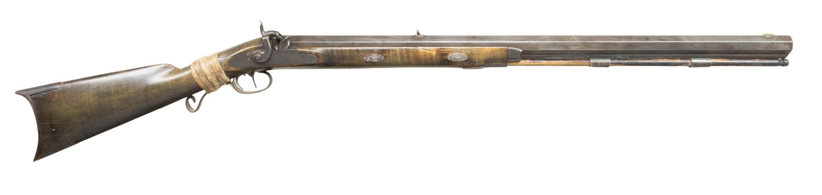 RARE DOCUMENTED SAMUEL HAWKEN PLAINS RIFLE WITH: NEW MEXICO HISTORY. Cal. 54. NSN. This rifle descended in family of New Mexico pioneer Thomas D. "Tom" Burns (1844-1916) who was post trader & translator at Fort Lowell from 1864-1869. In 1869 the US 