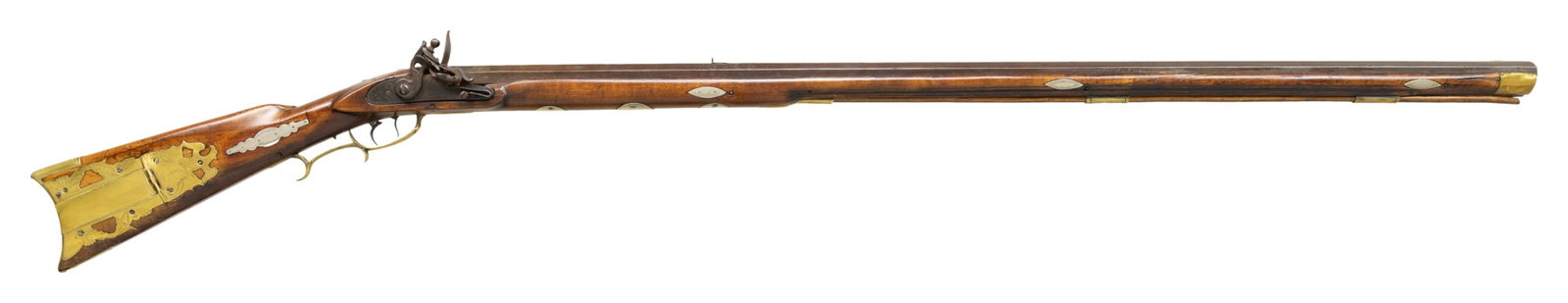 FINE HENRY LEDFORD NORTH CAROLINA FLINTLOCK RIFLE.: Cal. 38. NSN. 56.5" overall, 42" octagonal barrel, with fixed rear sight and inset dovetailed brass & German silver front blade. Rifle is pictured and described on page 134 of James Whisker's Gunsmith