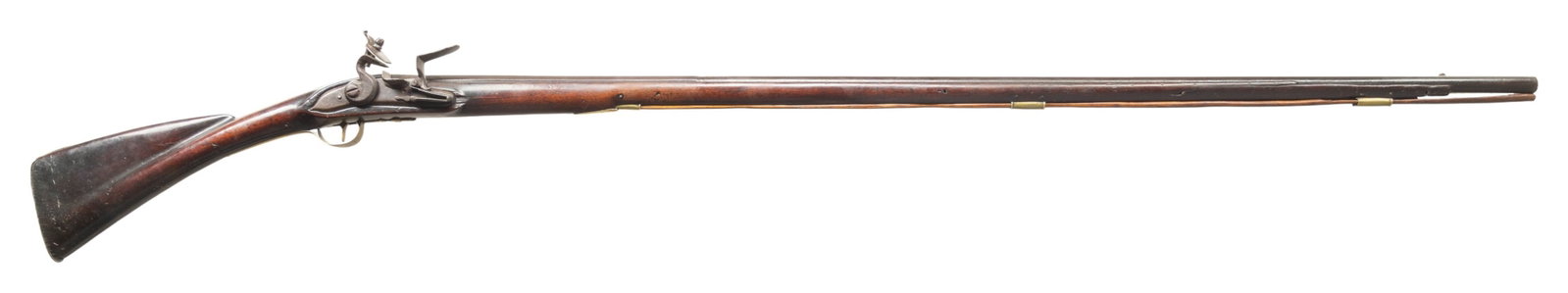 FINE AMERICAN ASSEMBLED REVOLUTIONARY WAR ERA: FLINTLOCK LONG FOWLER. Cal. 64. NSN. 67" overall, 51" tapering octagonal to round barrel, tapering top barrel flat, inset silver blade front sight, salvaged military brass furniture, early military st