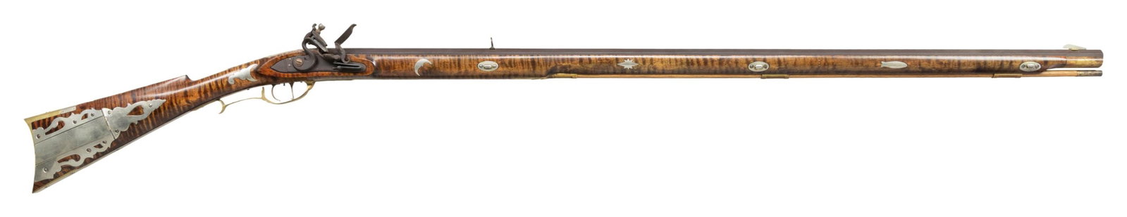 FINE CONTEMPORARY FLINTLOCK KENTUCKY RIFLE BY: J. PEARLES. Cal. 50. This maple full stock rifle is fit with a 42" octagon bbl with dovetailed German silver blade front sight, dovetailed square notch buckhorn rear sight, & "J. PEARLES" signed withi
