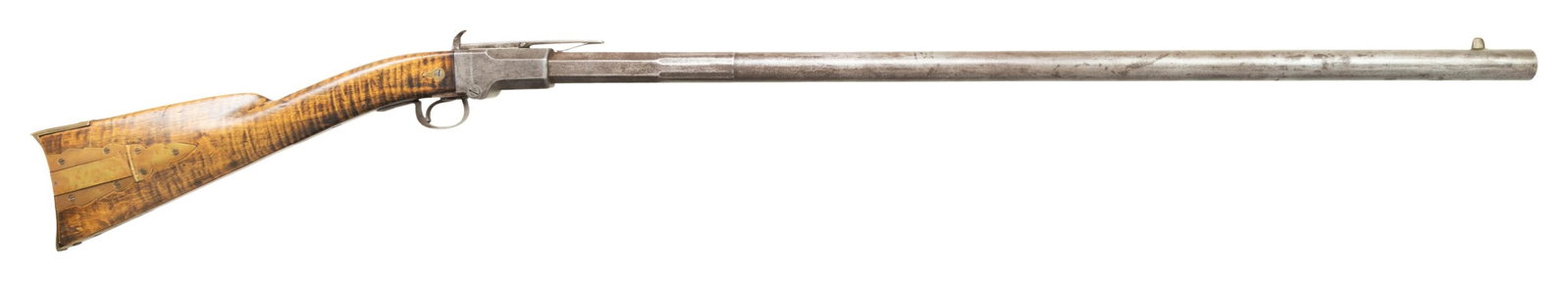 UNIQUE FOLDING BREECH PLAINS RIFLE.: Cal. 65-45. NSN. 58.75" overall, 38.5" 3-stage barrel, folding breech with spring loaded barrel to frame lock, curly maple stock, brass 4-piece patch box & buttplate. Totally unmarked. CONDITION: good