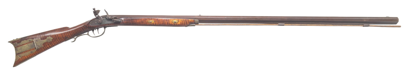 ASSEMBLED FLINTLOCK HALF STOCK RIFLE.: Cal. 38. NSN. Oct. 43 7/8" bbl. has been converted from percussion by removed bolster & enlarged touch hole. Blade front sight & notch rear sight. Adolphus Meier & Co. (St. Louis, MO 1838-1868) lock h
