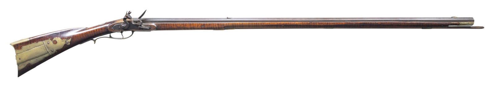 ELEGANT CHRISTIAN BECK GOLDEN AGE FLINTLOCK RIFLE.: Cal. 52. NSN. 56.5" overall, 41" octagonal barrel beautifully signed "C Beck" with fancy script and 4-pointed star between "C" & "Beck", straight comb curly maple stock, elegant incised carved C-scrol