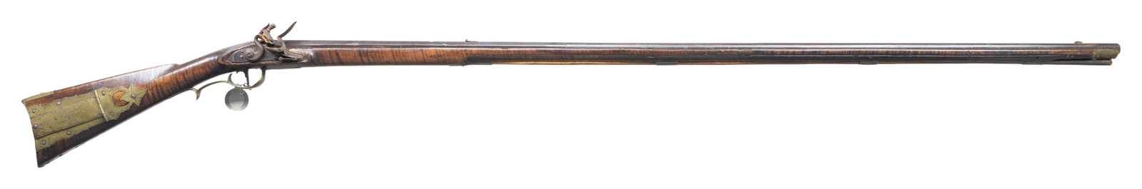 RARE SIGNED JOHN FORD DAUPHIN COUNTY PENNSYLVANIA: RIFLE. Cal. 56. NSN. Exceptionally long smoothbore rifle 67.75", 53" octagonal to round barrel signed in script "J * FORD". Gun is so long that the curly maple forestock was made in 2 pieces with mort