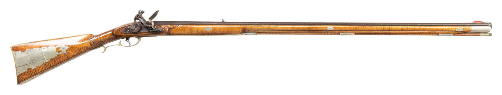 ATTRACTIVE RELIEF CARVED SILVER INLAID FLINTLOCK: KENTUCKY RIFLE BY CONTEMPORARY MAKER D. PRICE. Cal. 50. This stunning custom full stock is made with a 38" swamped octagon bbl that begins with a silver wire band at the muzzle. The front sight is a d
