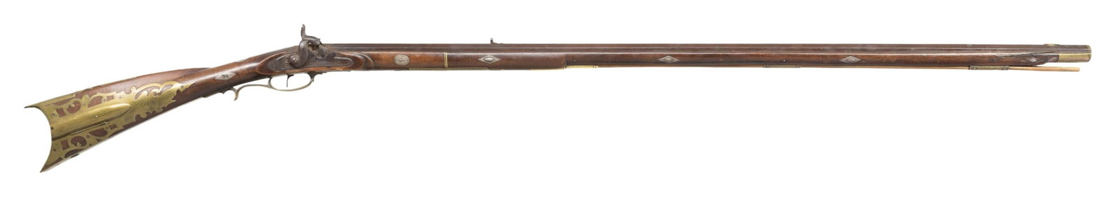 ATTRACTIVE BERKS COUNTY STYLE PERCUSSION: CONVERTED TAKEDOWN PENNSYLVANIA RIFLE WITH SIGNED BBL. Cal. 40. Fit with a 42 1/4" octagon bbl with brass muzzle & breech bands. It carries a dovetailed silver blade front sight, a semi buckhorn tiny 