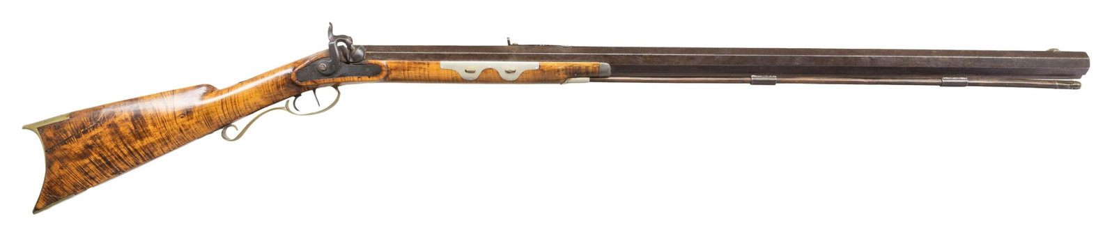 NELSON & Co. HALF STOCKED PERCUSSION PLAINS RIFLE.: Cal. 50. S# NSN. Bbl. 35 1/2" octagon (1.2" across flats) with dovetailed sights; low version of Rocky Mountain front sight and elevator adjustable sporting rear sight modified to screw adjusted eleva