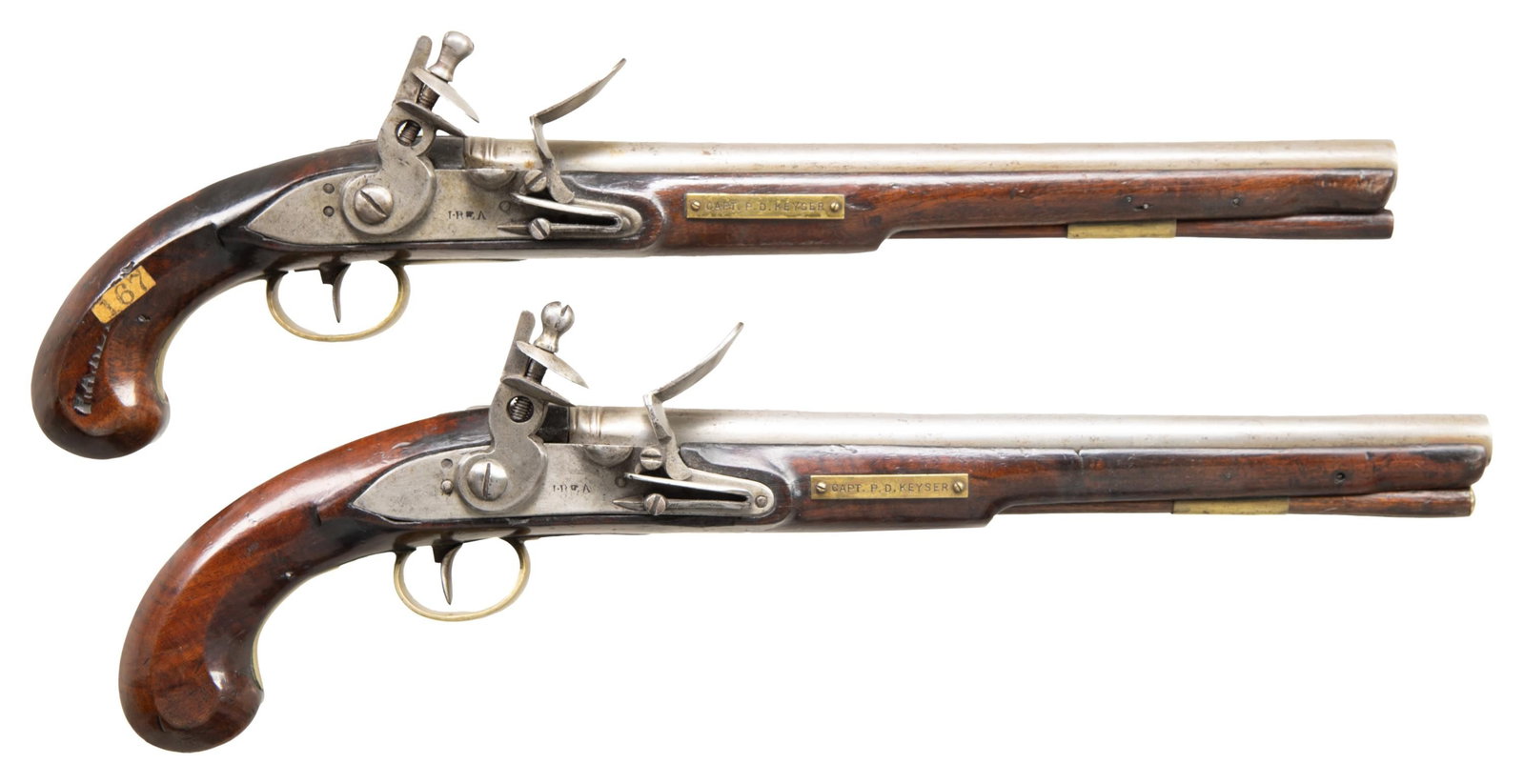 ELEGANT PAIR OF AMERICAN STOCKED WAR OF 1812 ERA: FLINTLOCK PISTOLS CARRIED BY ANCESTOR OF CIVIL WAR CAPTAIN AND FOUNDER OF MILITARY ORDER OF THE LOYAL LEGION OF THE UNITED STATES, PETER DIRCK KEYSER. Cal. 56. NSN. This beautiful pair have a refined 