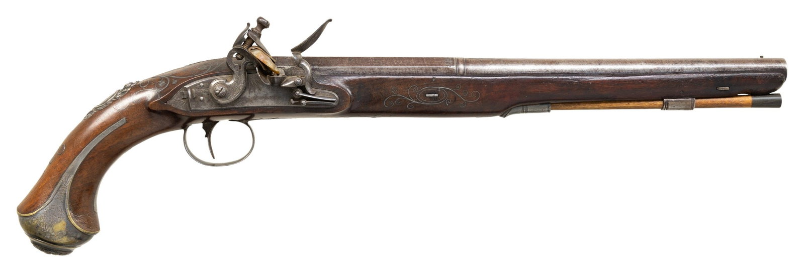 ELEGANT LONG SILVER MOUNTED ENGLISH OFFICER'S: FLINTLOCK PISTOL, CIRCA 1815. Cal. 60. NSN. 20" overall, very long 14" 2-stage octagonal to round tapered barrel, engraved breech, "LONDON" on top, platinum lined touch hole, chamfered lock, waterproo