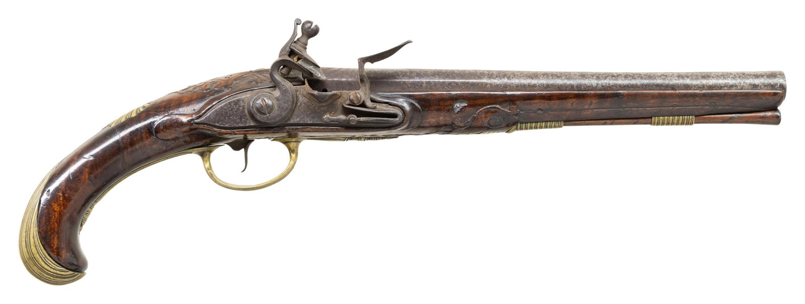 FINE "AS FOUND" 18TH CENTURY CONTINENTAL HOLSTER: PISTOL. Cal. 56. NSN. 17" overall, 10.75" tapered and flared barrel with swirl decorated breech, flat beveled pointed tail lock engraved maker under pan "I ULRICH MA", unsupported serpentine cock and 
