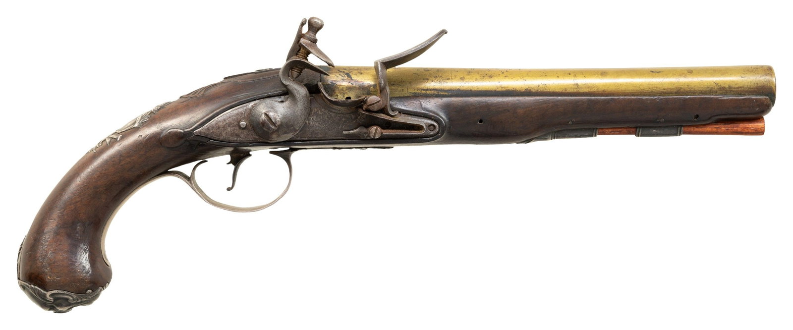 GOOD SILVER MOUNTED BRASS BARREL FLINTLOCK HOLSTER: PISTOL BY E. NORTH OF LONDON. Cal. 50. NSN. 13 1/2" overall the 8" ovate to round brass barrel is engraved "ROYAL EXCHANGE LONDON" on top rear surrounded by scroll engraving. London black powder proof