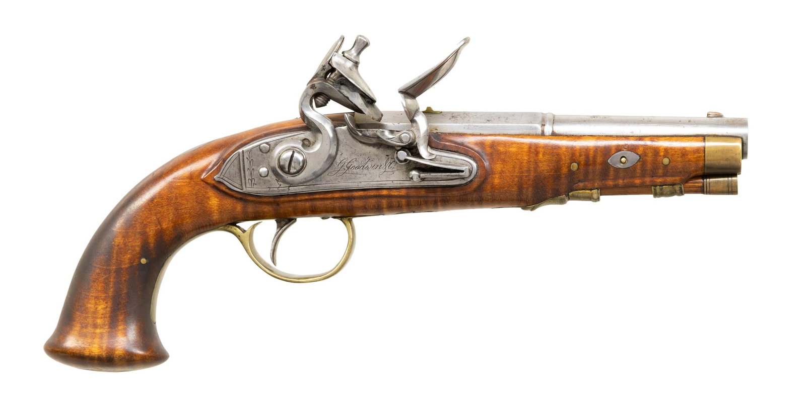 PETITE CIRCA 1810 BRITISH FLINTLOCK PISTOL.: Cal. 32. NSN. 9" overall, 5" octagonal to round, wedding band transition, tapered smoothbore barrel. Curly maple full stock, engraved brass and silver furniture, rebated lock, waterproof pan, signed "