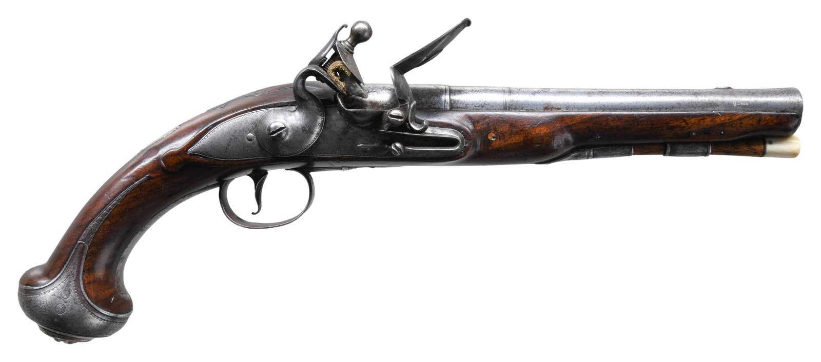 BARBAR, LONDON SILVER MOUNTED FLINTLOCK PISTOL.: Cal. 62. NSN. Bbl. 8" round with 2 faceted transitions & a smooth bore. Semi circular blade front sight. Left side has London proof & view marks. Border line engraved lock is marked "BARBAR". Pin fast