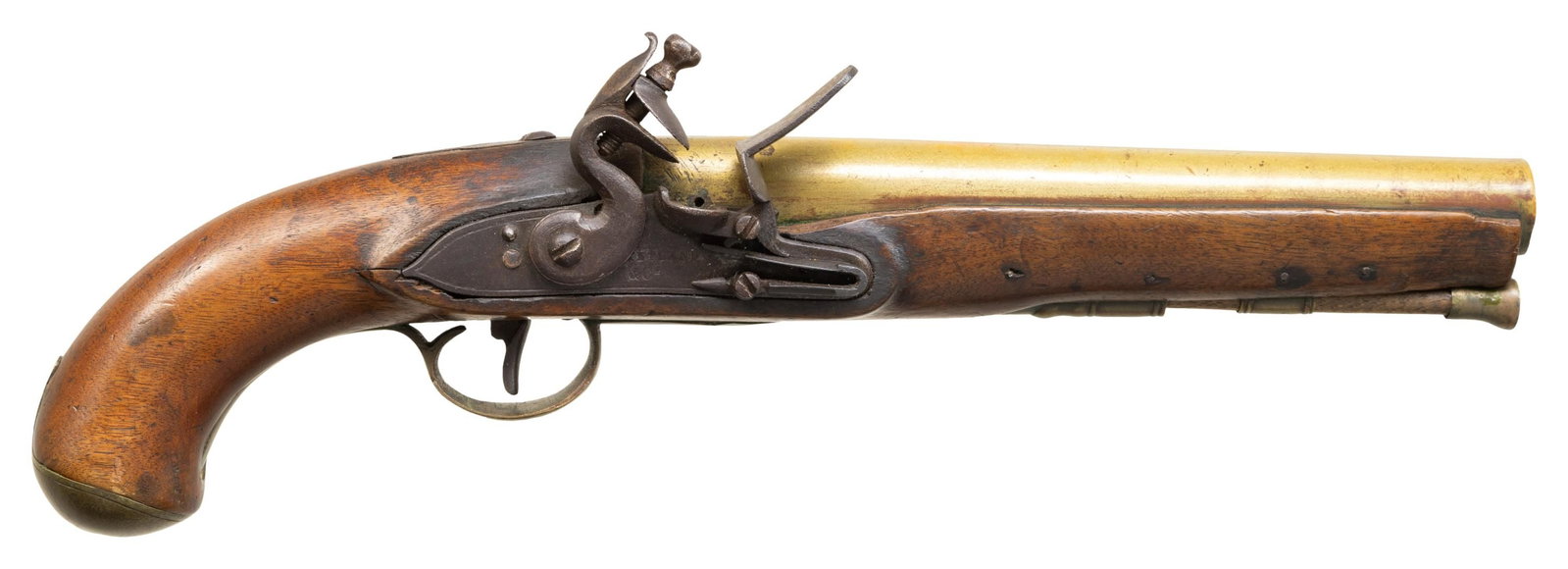 BRASS BARRELED KETLAND FLINTLOCK TRADE PISTOL: ATTRIBUTED TO COLDSTREAM GUARDS. Cal. 70. NSN. 14.5"overall, 8.5" Liege proofed "LONDON" marked barrel, "Ketland & Co" lock, serpentine unsupported cock, bridled frizzen, frizzen spring terminates to 