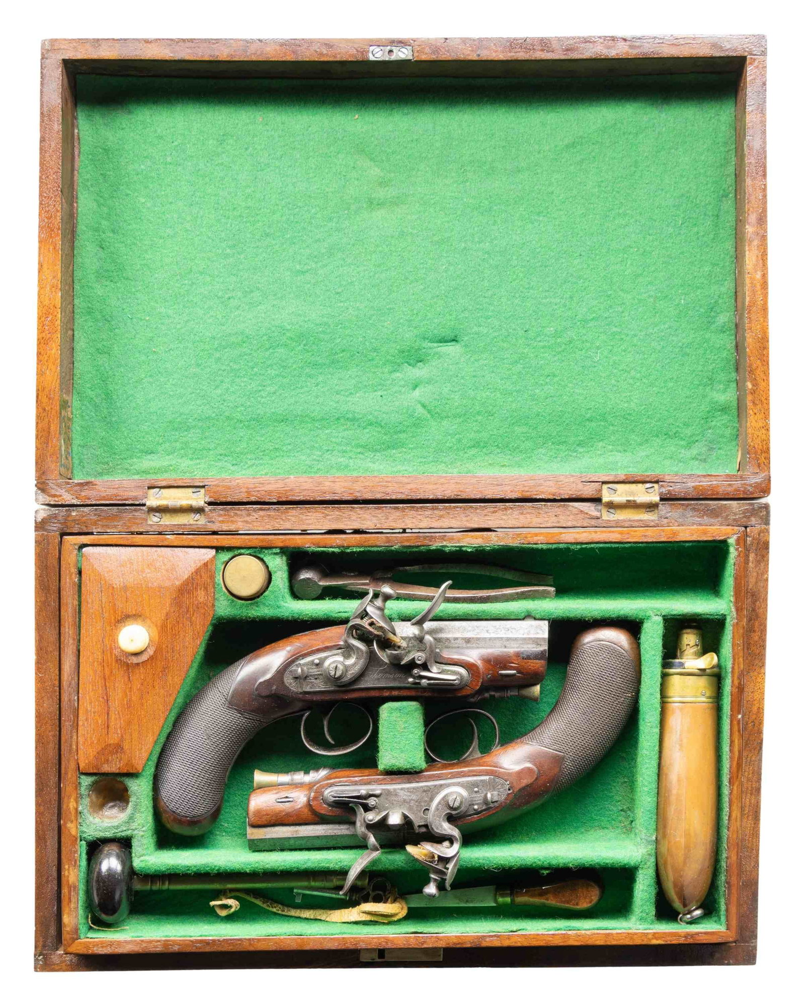 CASED PAIR OF THOMPSON FROM EDINBURGH, SCOTLAND: FLINTLOCK TRAVEL PISTOLS. Cal. 45. NSN. The Oct. 2.75" bbls. have blade front sights. Breech section, spear tip finial triggerguard & locks show light floral engraving. Hammers have sliding safeties. 