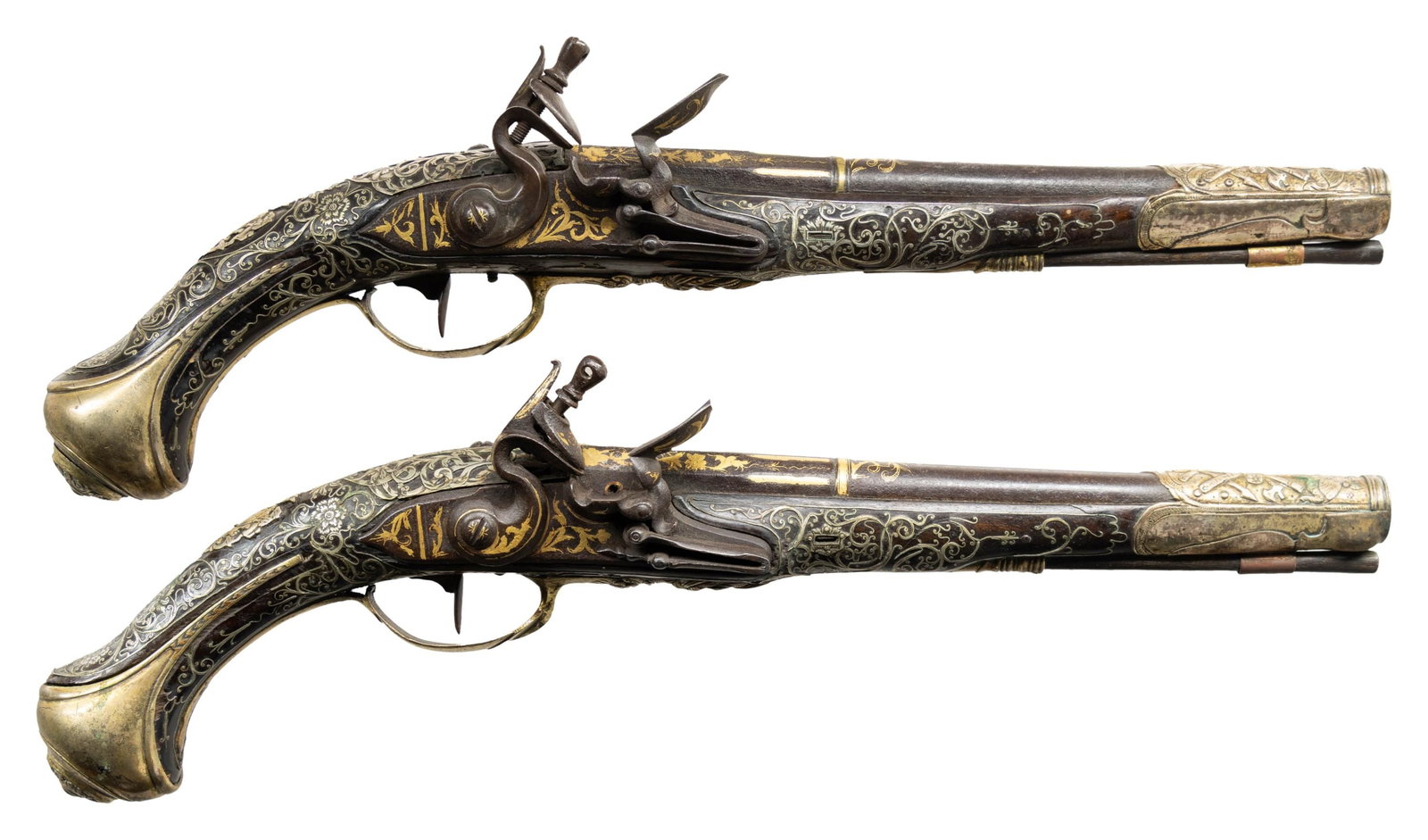 PAIR OF ORNATE FRENCH CHIEFTANS FLINTLOCK PISTOLS. (1 of 4)
