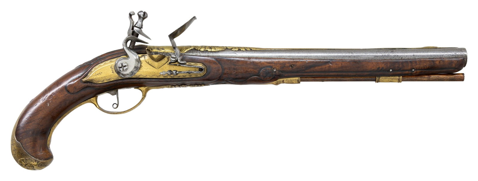 ATTRACTIVE FRENCH FLINTLOCK HORSE PISTOL.: Cal. 70. NSN. Bbl. 13 1/8". Flintlock horse pistol seemingly mfg. in France. Lock and bbl. are unsigned. Lock is comprised of brass and features relief wavy line borders, with light foliate engraving.